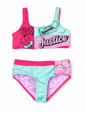 NWOT Girls Justice 2-Piece Bikini Set Size 10 Colorblock Ring Pop Graphic
